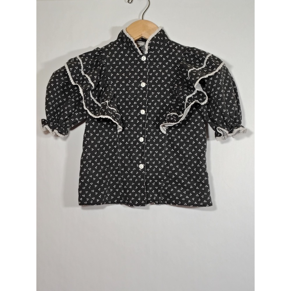 Vintage Montgomery Ward Kids Blouse‎ Black Floral Calico Ruffle Lace Prairie Top